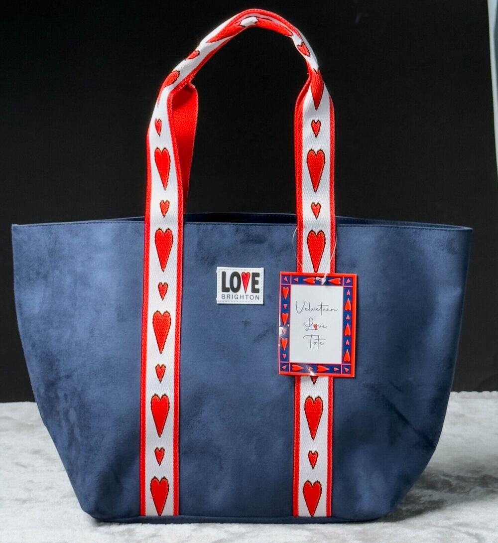 Brighton Navy Blue Velveteen Love Large Tote Bag Red Hearts NEW